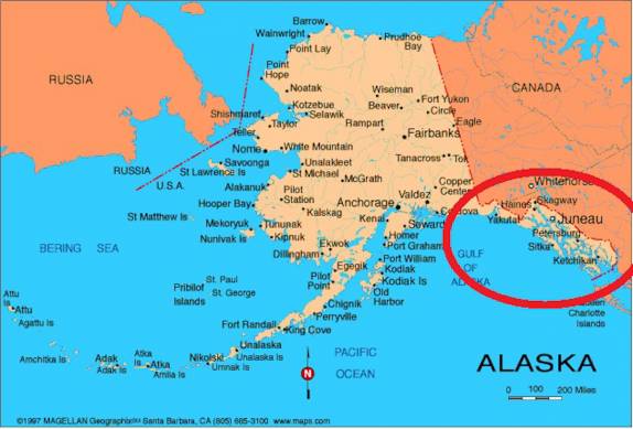 Mapa do Alaska. Em destaque, a 'língua de terra' que parece invadir o Canadá. Essa belíssima região, onde está a capital do Estado, só pode ser acessada por barco ou avião